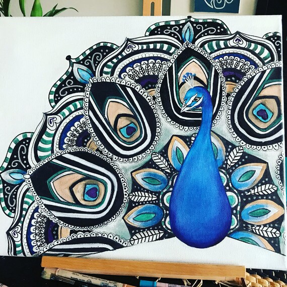 Download Mandala Peacock Watercolor Marker Sketch on Canvas | Etsy