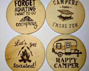 Camping Woodburnt Coaster Set