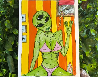 Erotic Alien Girl Art Print – Groovy Watercolour Painting (A4, A6 Postcard)