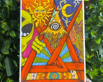 Psychedelic Alien Art Print – Trippy Geometric Sun & Moon Mandala (A4, A6)
