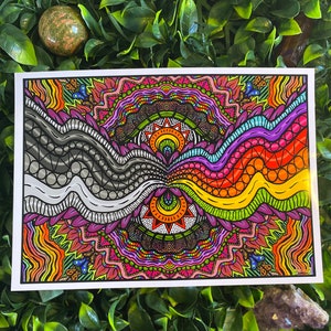 Dark Side of the Mind - Psychedelic Art Print A4, A6(Postcard), Digital Art Pink Floyd Inspired Third Eye, Rainbow Trippy Mandala Art