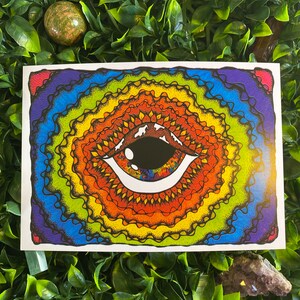 Awakening - Groovy A4, A6 (Postkarte), Tinte Stift Illustration, Farbige Marker Illustration, Regenbogen Wandbehang, Pilzaugen, Stirnband