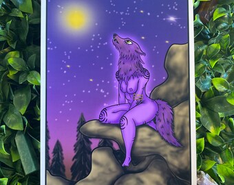 Grafika artystyczna „Govy Wolf Girl” – Wycie do księżyca, erotyczna sztuka w kolorze fioletowym (A4, A6)