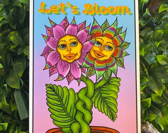 Groovy Flower Friends Art Print – Blooming Flower Pots, Bright Home Decor (A4, A6)