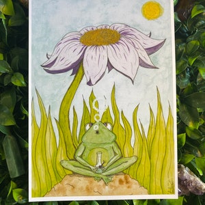 Peaceful Afternoon - Watercolour A4, A6, Art Print, Stoner Frog Sitting Under Purple Flower Painting, Cute Frog Art, Natural Wall Hanging