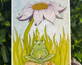 Stoner Frog Art Print – Peaceful Afternoon Watercolor Painting (A4, A6)