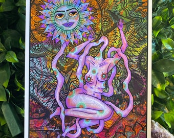 D.M.T Dream Art Print: Psychedelic Mandala, Long-Necked Lady (A4, A6)