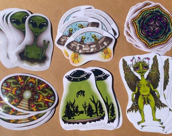 Alien Abduction Sticker Pack – Waterproof Vinyl Decals, Psychedelic Art