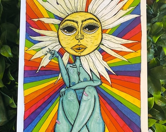Rainbow Warrior Art Print – Groovy Flower Woman, Chronic Pain Art (A4, A6)