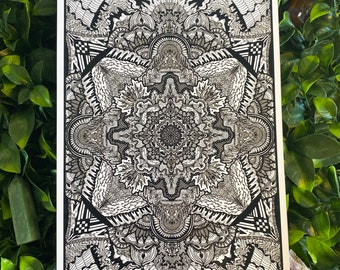 Black and White Mandala Art Print – Psychedelic Trippy Illustration (A4, A6)