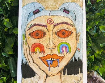 Trippy Girl Watercolor Art Print – Doof Baby Portrait (A4, A6)