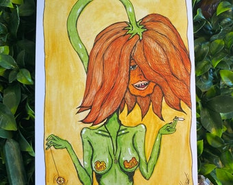 Groovy Flower Lady Art Print – Smoking, Trippy Natural Watercolor (A4, A6)