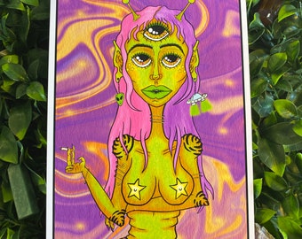 Smoko - Kinky Art Print A4, A6 (Pocztówka), Sztuka cyfrowa Nagi SW, Różowo-fioletowa Naga Obca Dziewczyna, Sztuka Trzeciego Oka Paląca Dziewczyna Ścienna