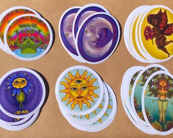 Grounding Earth - Waterproof Vinyl Sticker Pack – Sun, Moon, Frog Art, x6