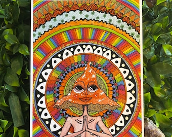 Mushroom Meditation Art Print: Groovy Rainbow Mandala, Psychedelic Lady (A4, A6)