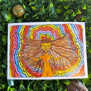 Fréquences plus élevées - Groovy A4, A6 (carte postale), impression d'art aquarelle, art arc-en-ciel, fille hippie rayonnante de bonnes vibrations, art mural fille nue