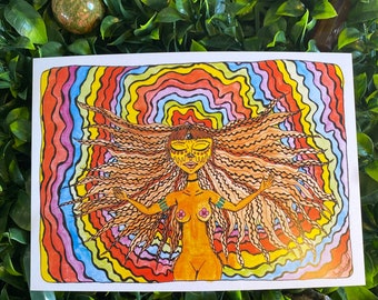 Rainbow Art Print – Hippie Girl, Higher Frequencies Watercolour (A4, A6)