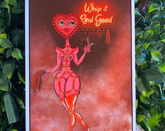 Whip it - Kinky Art Prints A4, A6(Postcard), Digital Erotic Dominatrix Painting, Valetine's BDSM Lady, Erotic, Saucy Wall Art, Smoking Heart