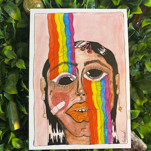 Yeux acides - Groovy A4, A6 (carte postale), impression aquarelle, tableau trippy, art arc-en-ciel qui pleure, illustration au stylo à encre, tenture murale, coloré