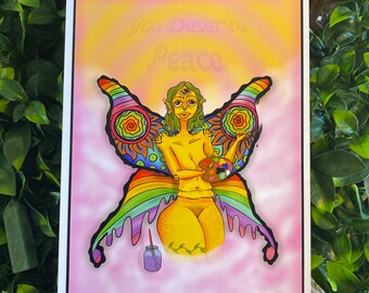 Dreamy Butterfly Lady Art Print – Rainbow Wings Illustration (A4, A6)