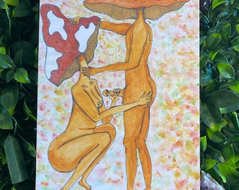 Kinky Mushrooms - A4, A6 (Postcard), Erotic Watercolour Art Print, Erotic Mushroom Painting, Sexual Mushroom People, Naked People Wall Art,