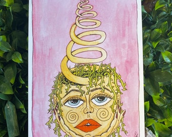 Groovy Spiral Head Watercolor Print – Pink Wall Art, Portrait (A4, A6)