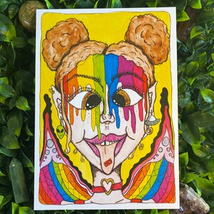 Hada rave - Acuarela maravillosa A4, A6 (postal), impresión artística, chica rave arcoíris, pintura de colores brillantes con lengua ácida, impresión de hada arcoíris