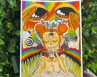 Trippy Third Eye Art Print – Psychedelic Rainbow Girl Watercolor (A4, A6)