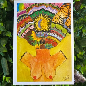 Pouvoir intérieur - Groovy A4, A6 (carte postale), impression d'art aquarelle, art mural femme nue, peinture mandala psychédélique, dessin arc-en-ciel à la plume