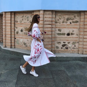 Embroidered White Color Long Boho Dress Bohemian Style Ukrainian Vyshyvanka Dress Women Natural Linen Red and blue Embroidery