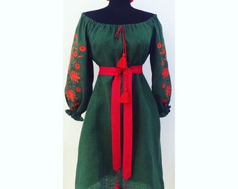 Embroidered Linen Vyshyvanka Maxi Dress: green boho style dress, Handmade unique design