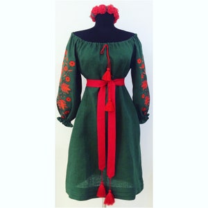 Embroidered Green Short Boho Dress Bohemian Style Ukrainian Vyshyvanka Dress Women Natural Linen Red Embroidery