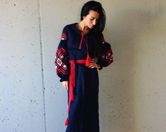 Custom Embroidery Blue Linen Long Dress | Ukrainian Vyshyvanka Dress for Women |  red white rhombus embroidery| elegant design from Ukraine