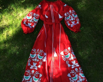 Embroidered Red Color Long Boho Dress Bohemian Style Ukrainian Vyshyvanka Dress Women Natural Linen White Embroidery