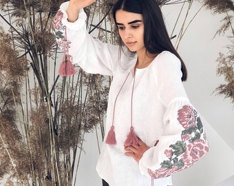 Embroidered White shirt Boho Bohemian Style Ukrainian Vyshyvanka Blouse Women Natural Linen Pastel Colors Embroidery Roses