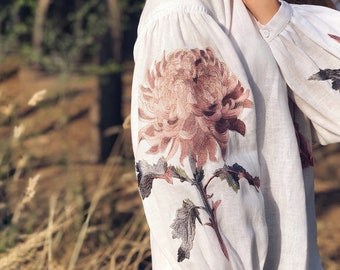 White Women shirt Embroidered Boho Style Luxury Blouse/ Vyshyvanka / Luxurious chrysanthemum/ Pastel Colors Embroidery