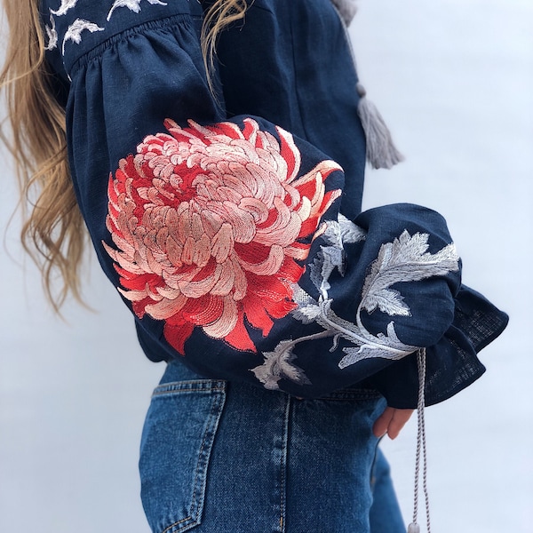 Dark Blue Women's Embroidered Blouse / Bohemian Style Ethnic Vyshyvanka Shirt / Red&Gray Chrysanthemum Embroidery