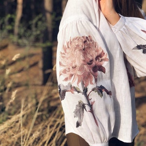 White Linen Ukrainian Vyshyvanka Blouse, Floral Chrysanthemum Design/ Pastel Colors Embroidery Design from Ukaraine