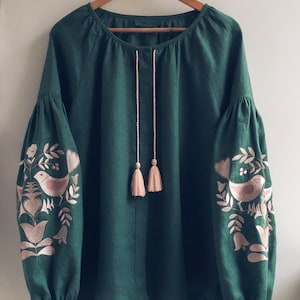 Green Women&#39;s Embroidered Blouse Shirt Boho Style Bohemian Style Ethnic Vyshyvanka Embroidery Linen Blouse Ukrainian folk