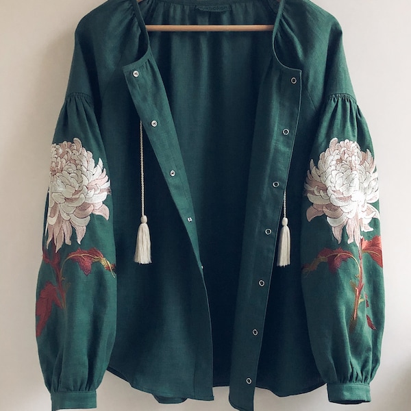 Green Linen Ukrainian Vyshyvanka Blouse for Women – Floral Chrysanthemum Embroidery, Handmade  in Ukraine Linen Boho Cardigan Shirt