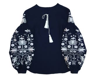 Dark Blue  Vyshyvanka Blouse for Women, Bohemian  Ethnic Ukrainian and Slavic Style unique White Three of Life Embroidery