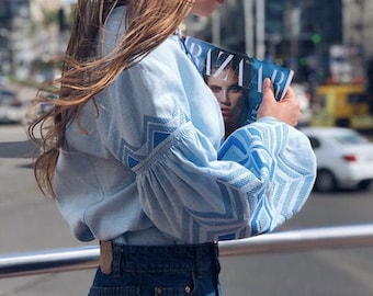 Blue Pastel Color Women&#39;s Embroidered Blouse Shirt Boho Style Bohemian Style Ethnic Vyshyvanka Blue Embroidery