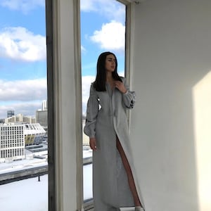 Elegant Gray Linen Ukrainian Vyshyvanka Long Dress, Boho Long Gown inspired by Design from Ukraine, Natural Softened Linen Maxi Cardigan image 2