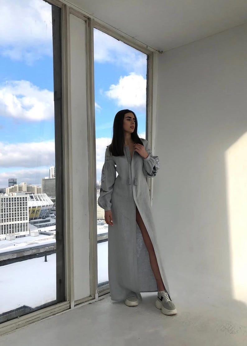 Elegant Gray Linen Ukrainian Vyshyvanka Long Dress, Boho Long Gown inspired by Design from Ukraine, Natural Softened Linen Maxi Cardigan image 2