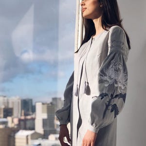 Elegant Gray Linen Ukrainian Vyshyvanka Long Dress, Boho Long Gown inspired by Design from Ukraine, Natural Softened Linen Maxi Cardigan image 3