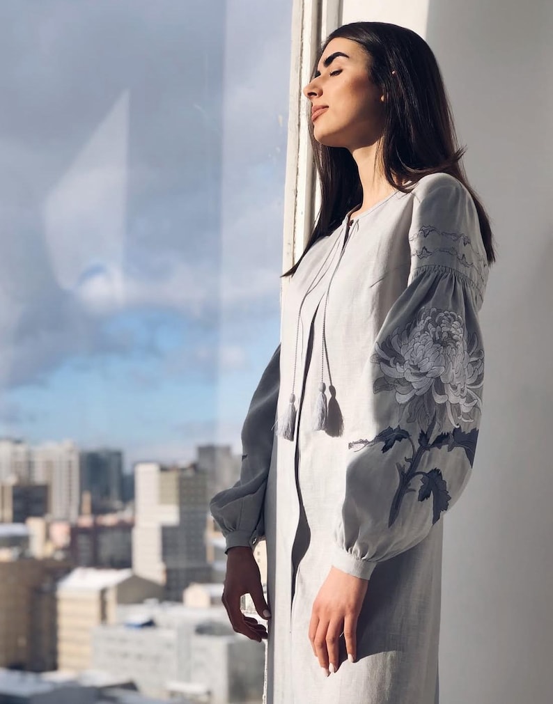 Elegant Gray Linen Ukrainian Vyshyvanka Long Dress, Boho Long Gown inspired by Design from Ukraine, Natural Softened Linen Maxi Cardigan image 3
