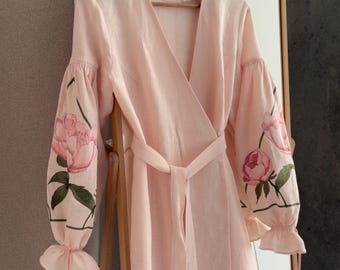 Embroidered Linen Boho Long Dress Blouse, Light Pink Peonies Vyshyvanka Dress