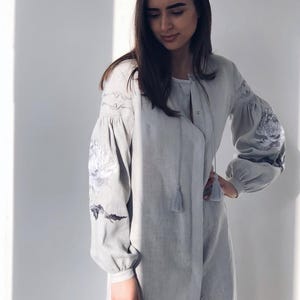 Elegant Gray Linen Ukrainian Vyshyvanka Long Dress, Boho Long Gown inspired by Design from Ukraine, Natural Softened Linen Maxi Cardigan image 4