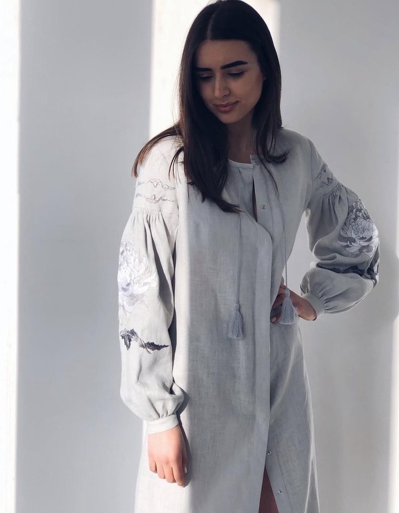 Elegant Gray Linen Ukrainian Vyshyvanka Long Dress, Boho Long Gown inspired by Design from Ukraine, Natural Softened Linen Maxi Cardigan image 4