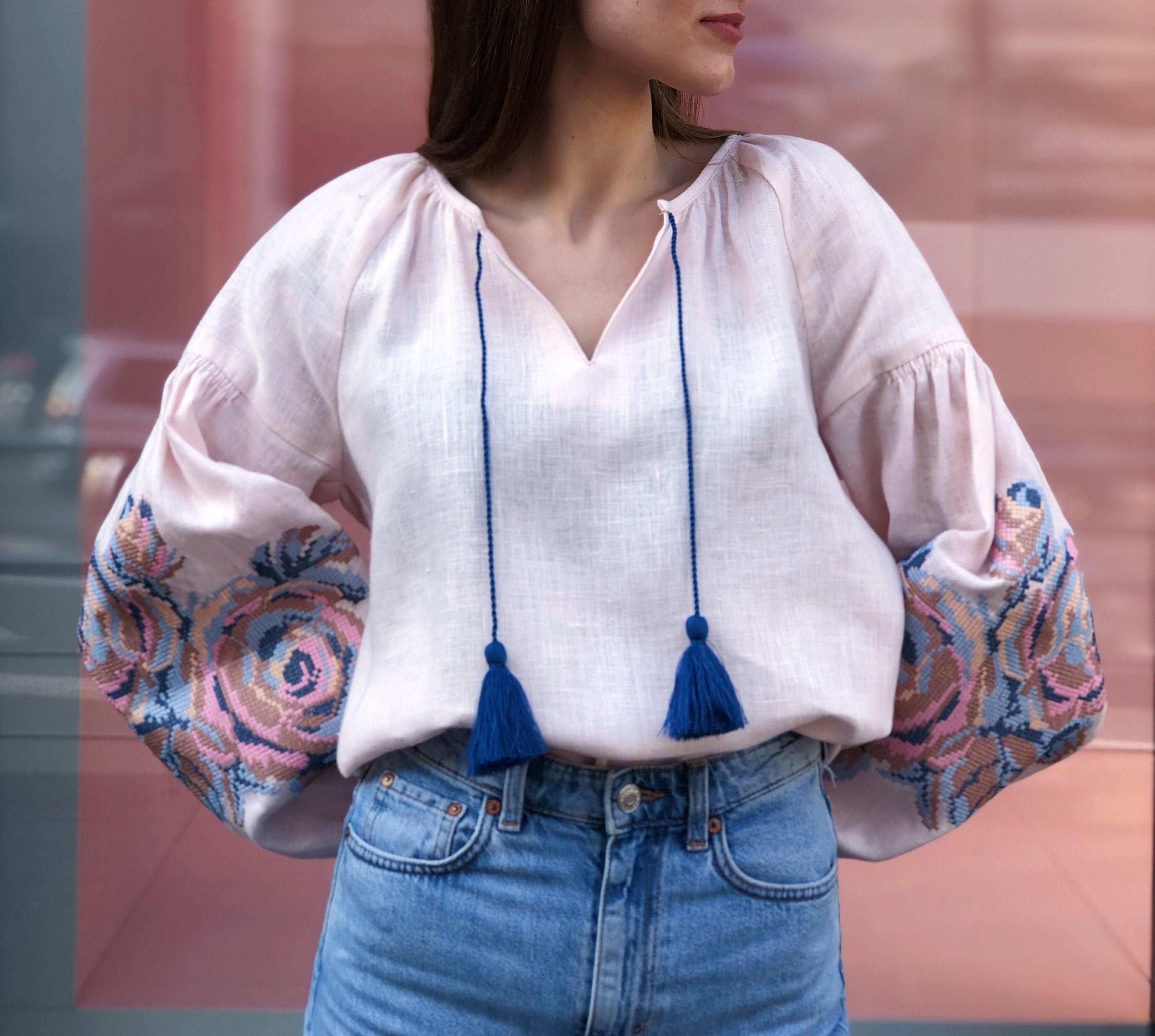 Tender soft linen rose embroidered blouse / Light pink linen / clothes for the bride / Shirt Embroidery / Ukrainian folk / pale pink shirt
